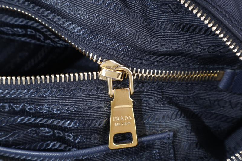 PRADA BN2106 TOTE BAG NAVY BLUE NYLON GOLD HARDWARE WITH DUST COVER AND LONG STRAPS