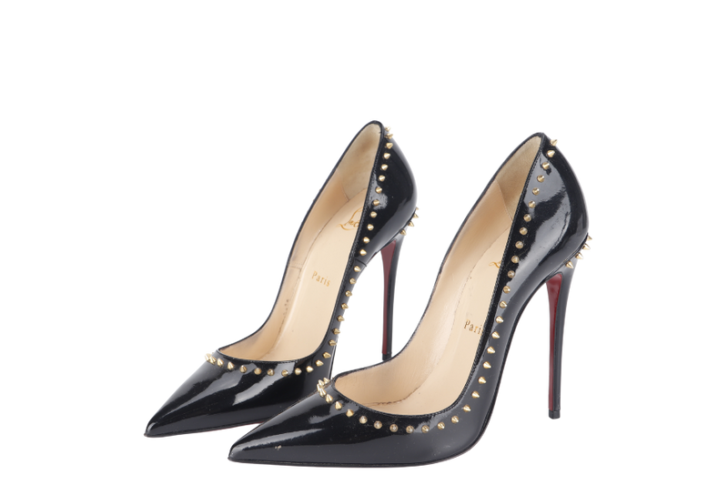 CHRISTIAN LOUBOUTIN ANJALINA 120 BLACK PATENT STUDDED HIGH HEEL 37.5