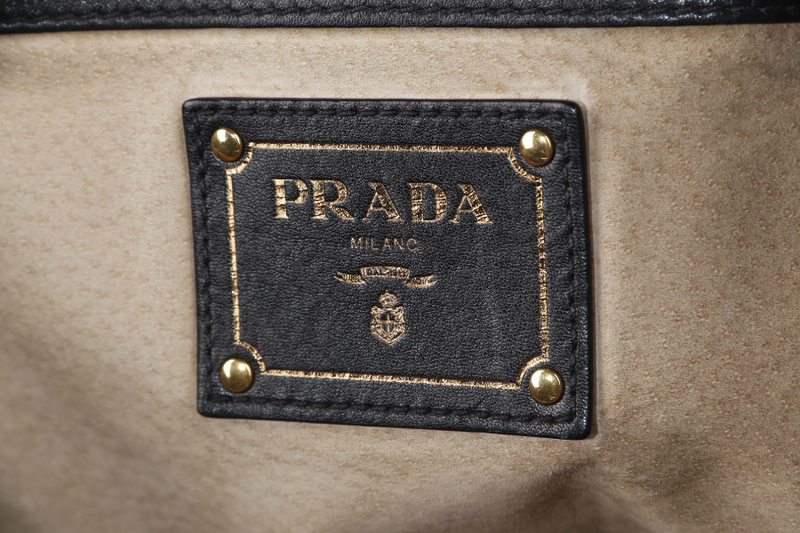 PRADA SHOPPING TOTE (BN1713) LARGE BLACK CALF LEATHER GOLD HARDWARE WITH STRAP AND DUST COVER