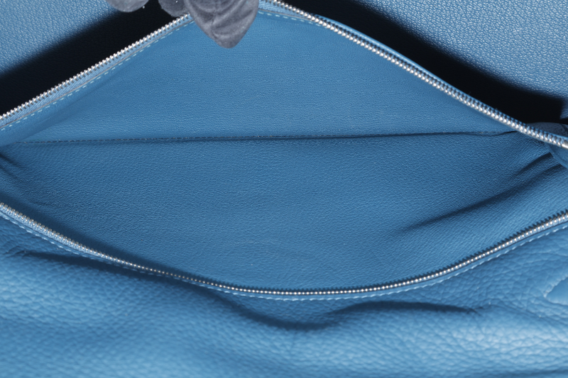 HERMES KELLY 35 BLUE COLVERT CLEMENCE LEATHER SILVER HARDWARE STAMP Q (YEAR 2013) WITH STRAPS, KEYS & LOCK , BOX AND PAPER BAG (NO DUST COVER)