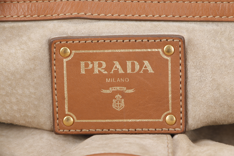 PRADA SOFT CALF (BN1902) MEDIUM BROWN LEATHER GOLD HARDWARE 2WAYS BAG WITH STRAP, DUST COVER AND CARD