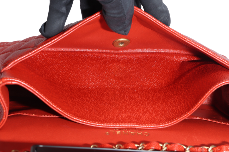CHANEL CLASSIC FLAP MEDIUM ORANGE RED CAVIAR GOLD HARDWARE (2051xxxx) WITH CARD