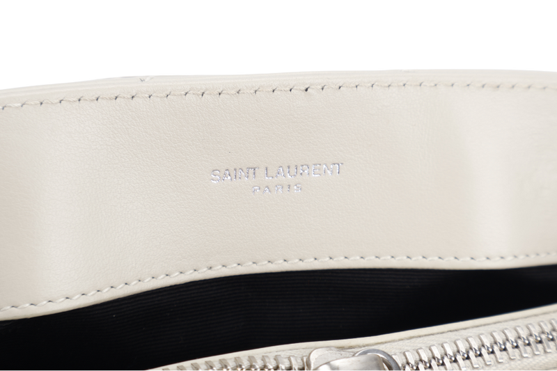 YVES SAINT LAURENT (YSL) LOULOU SMALL LIGHT GREY LEATHER SHOULDER BAG SILVER HARDWARE WITH LEATHER STRAPS, DUST COVER AND BOX