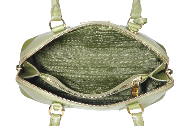 PRADA PROMENADE SATCHEL (BL0837) SMALL GREEN SAFFIANO LUX LEATHER GOLD HARDWARE WITH STRAP AND DUST COVER