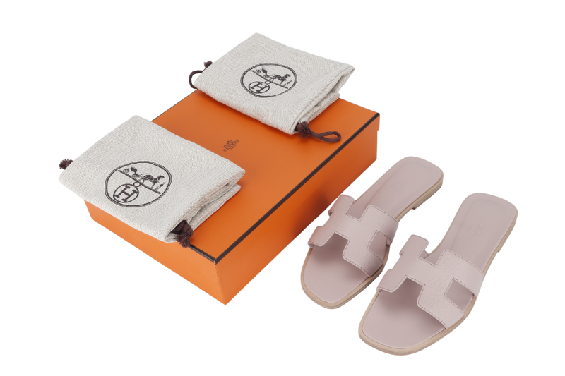 HERMES ORAN SANDAL ROSE PORCELAINE SIZE 37.5 WITH DUST COVER AND BOX