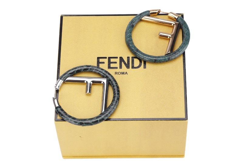 FENDI GOLD F INITIALS WITH GREEN LIZARD SKIN ROUND SHAPE EARRING, WITH BOX
