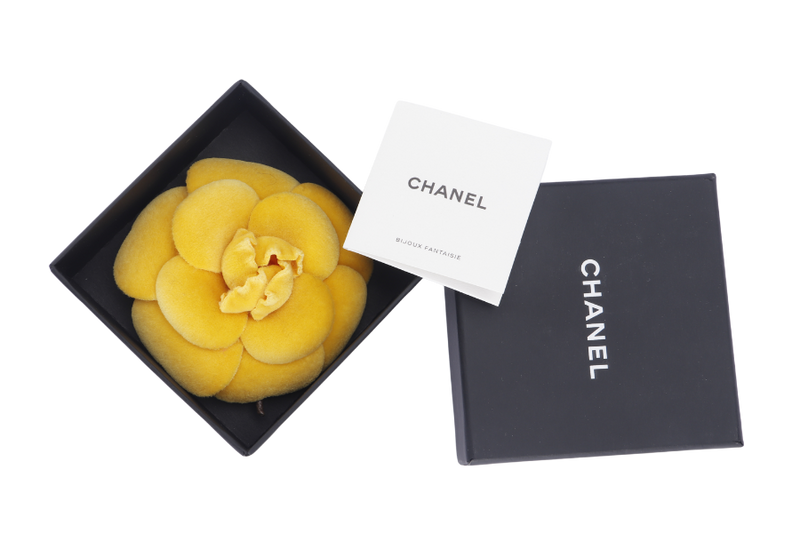 CHANEL YELLOW VELVET CAMELIA BROOCH WITH BOX