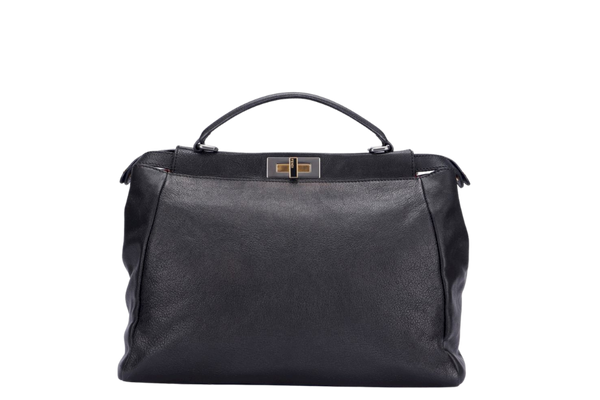 Fendi Peekaboo, Large width 40cm, Black Color Goatskin, Pink Color Inner Lining