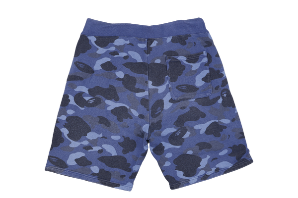 A BATHING APE, BAPE CAMO BLUE SWEAT SHORTS SIZE XL