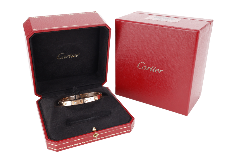 CARTIER DIAMOND LOVE BRACELET ROSE GOLD WITH 4 DIAMONDS (SIZE 18) WITH BOX AND BOOKLET