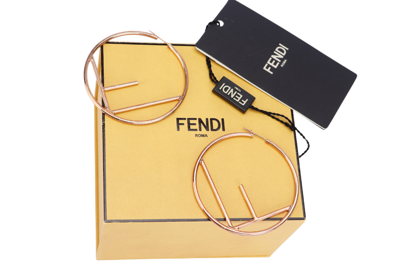 FENDI ORECCHINI LOGO CHAMPAGNE GOLD LARGE ROUND EARRING, DIAMETER 7CM WITH BOX