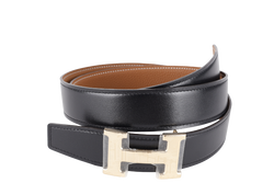 HERMES GOLD BLACK COLOR BELT FAUBOURG LAITON PERMABRASS GOLD HARDWARE WITH DUST COVER AND BOX