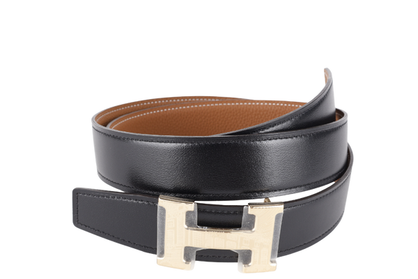 HERMES GOLD BLACK COLOR BELT FAUBOURG LAITON PERMABRASS GOLD HARDWARE WITH DUST COVER AND BOX