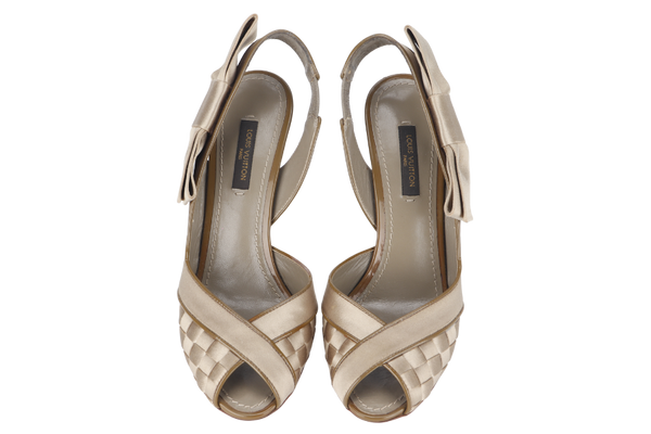 LOUIS VUITTON OPEN TOE PUMP SHOES TAUPE SATIN BOW SIZE 36.5