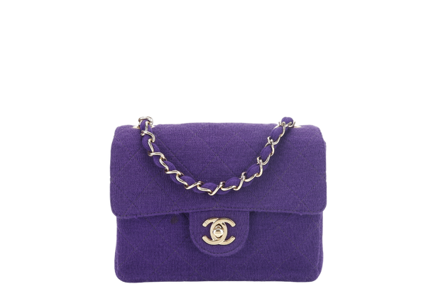 CHANEL CLASSIC FLAP MINI SQUARE (648xxxx) PURPLE JERSEY GOLD HARDWARE WITH DUST COVER AND CARD