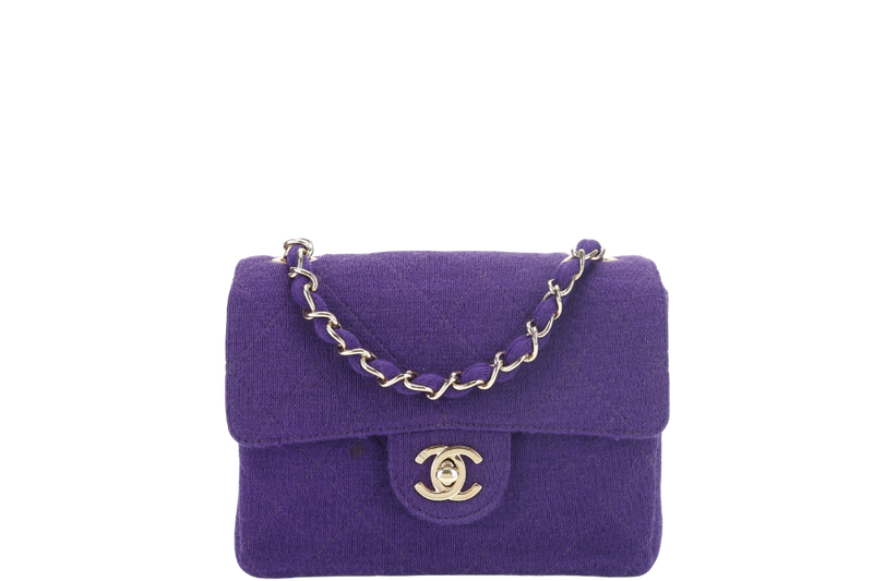 CHANEL CLASSIC FLAP MINI SQUARE (648xxxx) PURPLE JERSEY GOLD HARDWARE WITH DUST COVER AND CARD