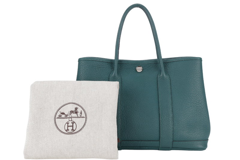 HERMES GARDEN PARTY TPM 30CM MALACHITE STAMP Q (2013) NEGONDA LEATHER PALLADIUM HARDWARE WITH DUST COVER