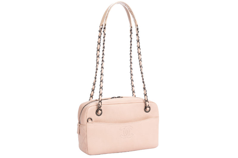 Chanel Light Beige Caviar Leather Camera Bag Ruthenium Chain