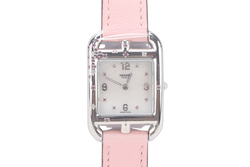 HERMES CAPE COD CC1.233 MOP DIAL DIAMOND , SAPPHIRE SETTINGS PINK LEATHER DOUBLE TOUR BRACELET , QUARTZ S-N 3437330, DATED 2020 W-BOX & CERT