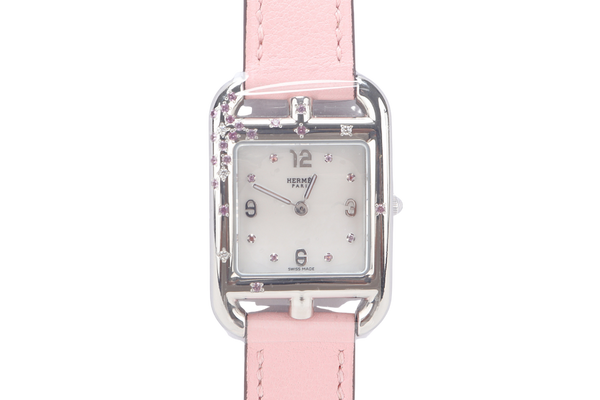 HERMES CAPE COD CC1.233 MOP DIAL DIAMOND , SAPPHIRE SETTINGS PINK LEATHER DOUBLE TOUR BRACELET , QUARTZ S-N 3437330, DATED 2020 W-BOX & CERT