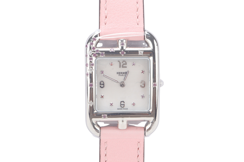 HERMES CAPE COD CC1.233 MOP DIAL DIAMOND , SAPPHIRE SETTINGS PINK LEATHER DOUBLE TOUR BRACELET , QUARTZ S-N 3437330, DATED 2020 W-BOX & CERT