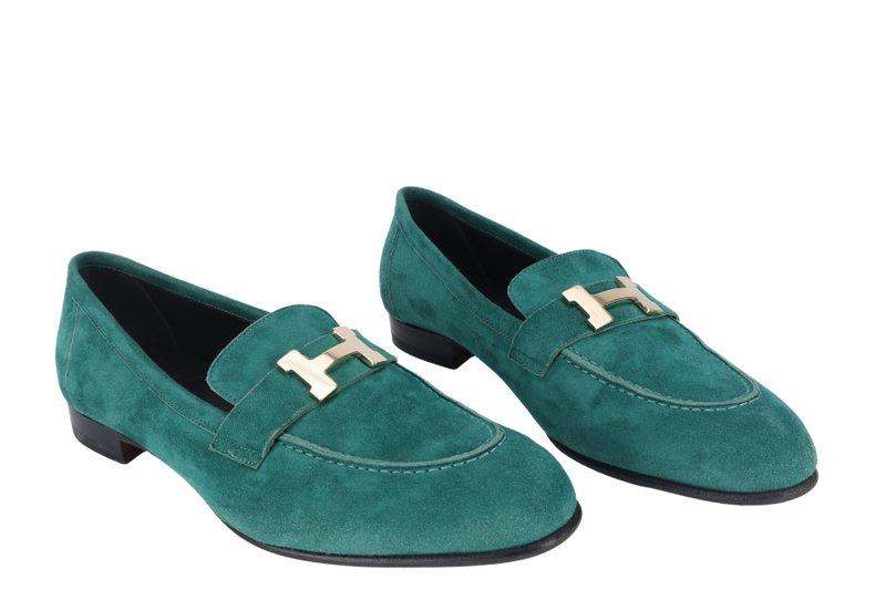 HERMES PARIS LOAFERS SHOES GREEN NUBUCK SIZE 38 WITH BOX