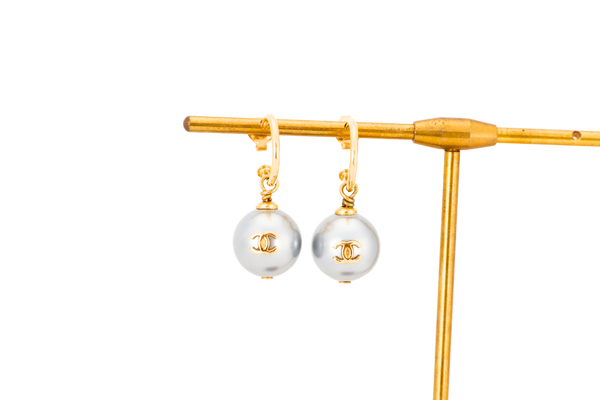 CHANEL GREY FAUX PEARL WITH GOLD J SHAPED EARRINGS, NO BOX