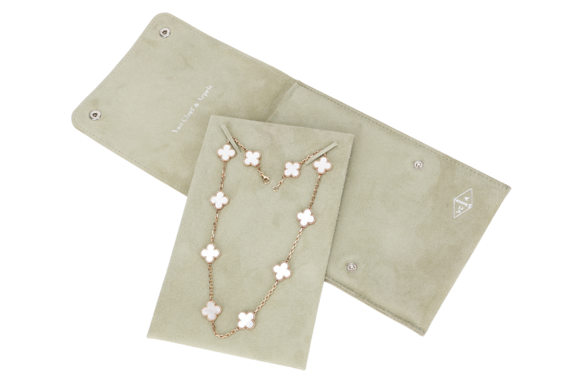 VAN CLEEF & ARPELS 18K YELLOW GOLD MOTHER OF PEARL 10 MOTIFS VINTAGE ALHAMBRA NECKLACE WITH DUST COVER AND CERTIFICATE