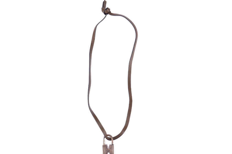 HERMES TOUREG SV925 H LOCK TRIBE NECKLACE WITH KHAKI LEATHER STRAP