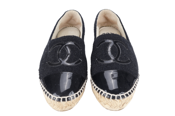 CHANEL ESPADRILLES SHOES BLACK GLITTER TWEED SIZE 38 NO DUST COVER