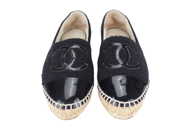 CHANEL ESPADRILLES SHOES BLACK GLITTER TWEED SIZE 38 NO DUST COVER