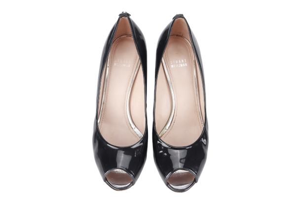 STUART WEITZMAN BLACK PATENTS OPEN TOE PUMPS PL63043 SIZE 41