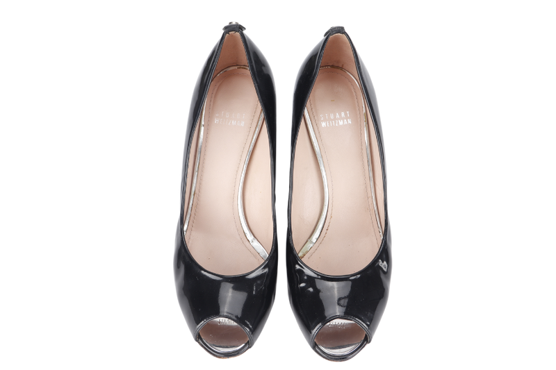 STUART WEITZMAN BLACK PATENTS OPEN TOE PUMPS PL63043 SIZE 41