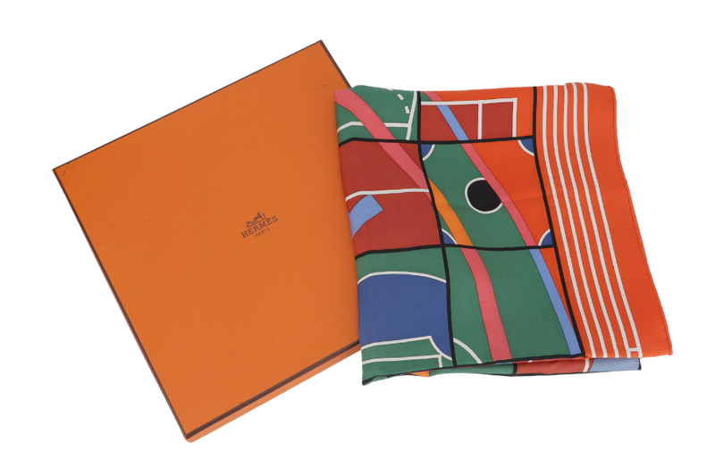 HERMES SPORTS ORANGE SILK SCARF 86 X 86 WITH BOX