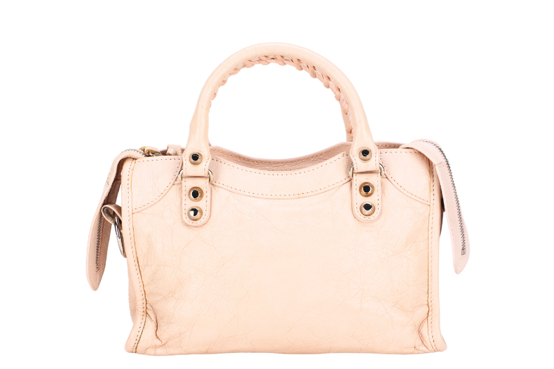 BALENCIAGA SMALL BEIGE LEATHER CITY HANDBAG (300295.5969.U.568024) SILVER HARDWARE WITH STRAP, MIRROR & DUST COVER