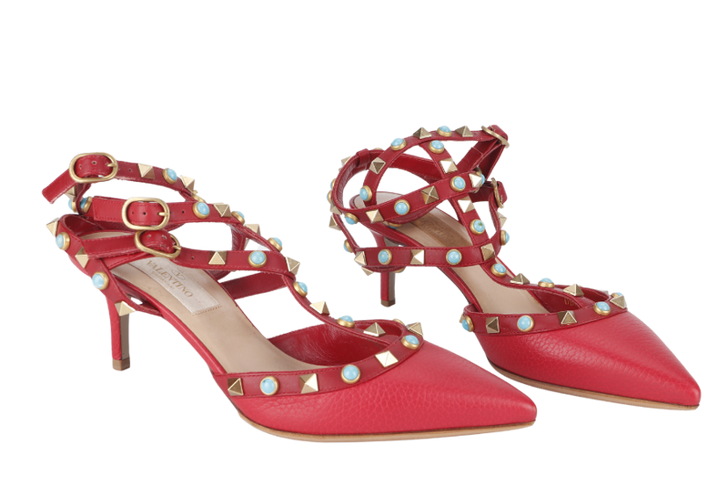 VALENTINO ROCKSTUD HEELS RED LEATHER SIZE 35