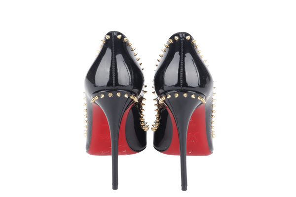 CHRISTIAN LOUBOUTIN ANJALINA 120 BLACK PATENT STUDDED HIGH HEEL 37.5