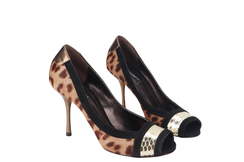 DOLCE & GABBANA CALF HAIR LEAPORD PRINT GOLD PYTHON METALLIC LEATHER PUMP SIZE 39