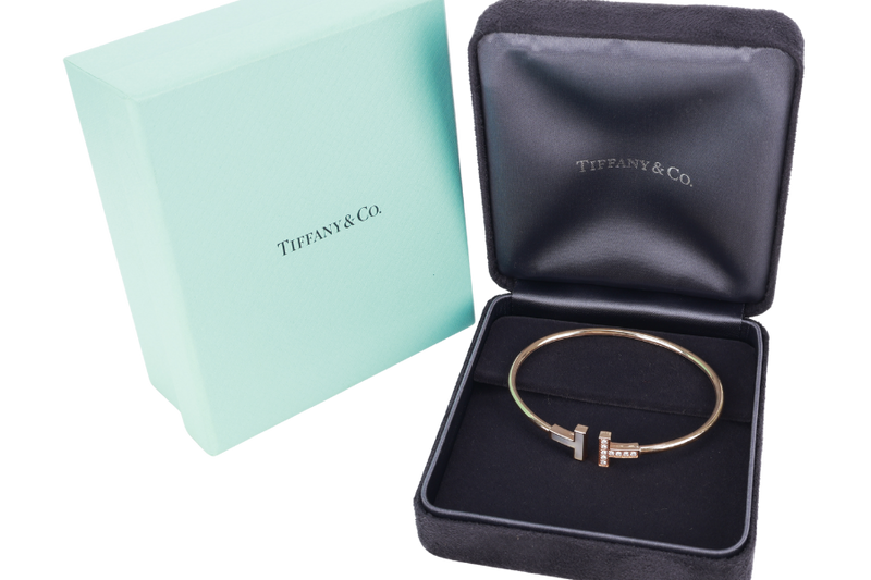 TIFFANY & CO. T WIRE BRACELET MOP WITH PAVED DIAMOND 18K ROSE GOLD 7.7G SIZE 56.5MM WITH BOX