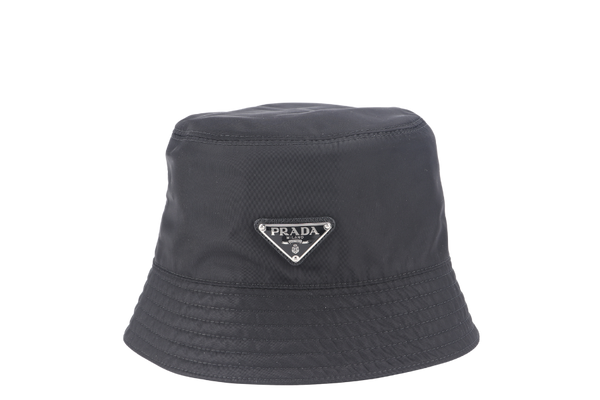 PRADA BUCKET HAT METAL LOGO BLACK NYLON WITH DUST COVER