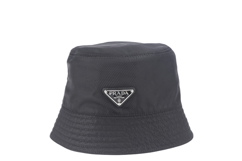 PRADA BUCKET HAT METAL LOGO BLACK NYLON WITH DUST COVER