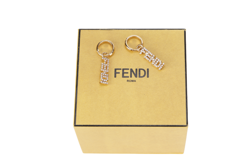 FENDI SIGNATURE LOGO RHINESTONE EARRINGS HOOPS WITH BOX