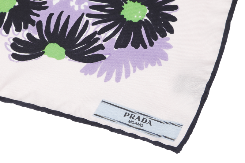 PRADA FLORAL BLACK WHITE SILK SCARF 90CM WITH BOX