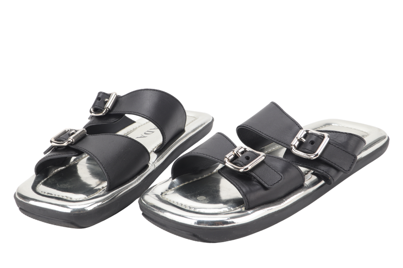 PRADA BLACK LEATHER BUCKLES SILVER PATENT LEATHER MULES SANDALS EU SIZE 37 WITH DUST COVER
