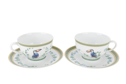 HERMES TOUCANS DÉCOR PORCELAIN TEA CUP AND SAUCER SET OF 2 WITH BOX