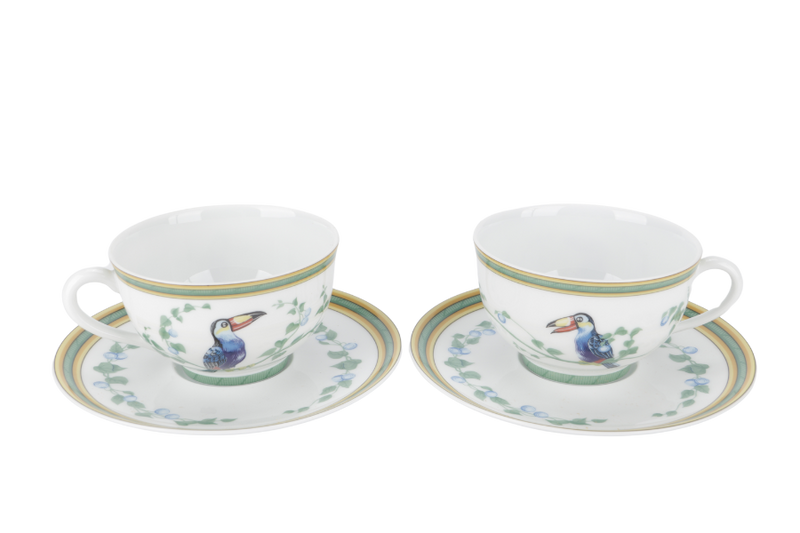 HERMES TOUCANS DÉCOR PORCELAIN TEA CUP AND SAUCER SET OF 2 WITH BOX