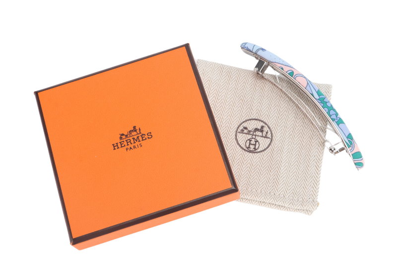 HERMES SILK HAIR CLIP LIGHT BLUE AND WHITE WITH BOX