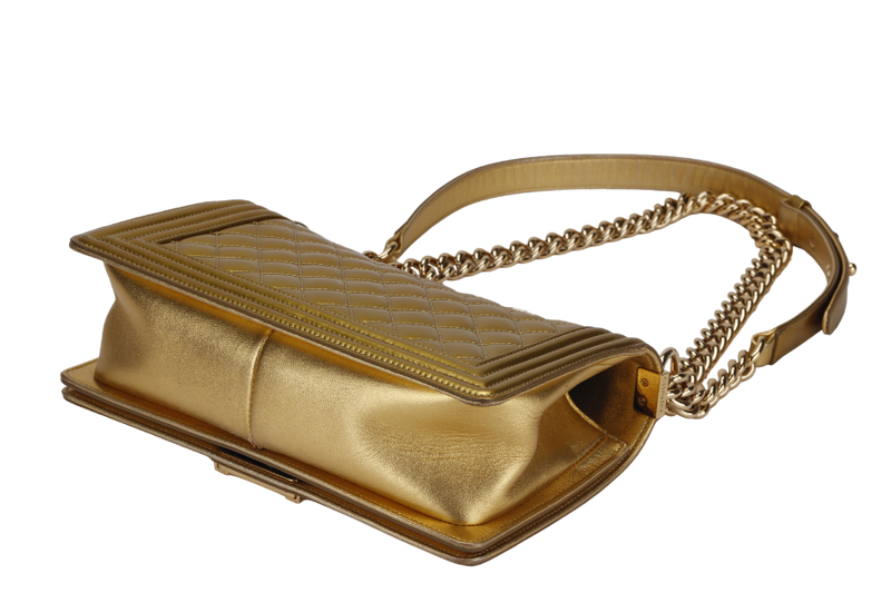 CHANEL LE BOY MEDIUM METALLIC PATENT GOLD CALFSKIN (1944xxxx) WITH DUST COVER, CARD AND BOX