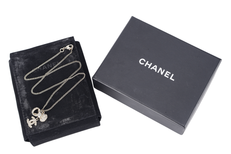 CHANEL NECKLACE COCO CRYSTAL RIBBON BOW CC PENDANT WITH DUST COVER AND BOX