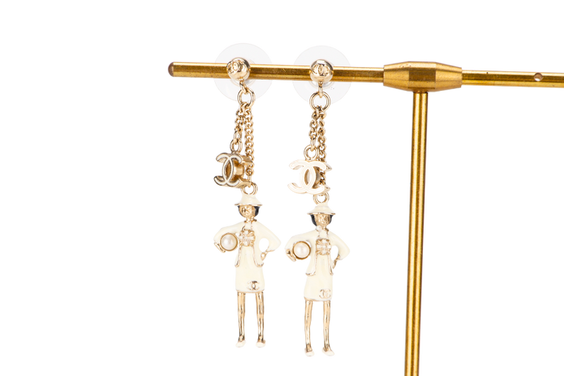 CHANEL WHITE ENAMEL COCO FIGURINE DROP EARRING, NO BOX